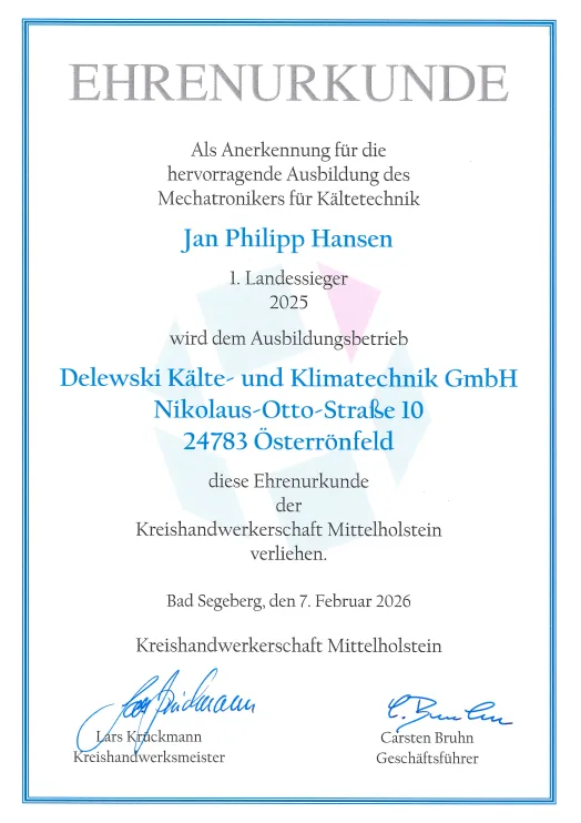 Ehrenurkunde der Kreishandwerkerschaft Mittelholstein für den Ausbildungsbetrieb Delewski